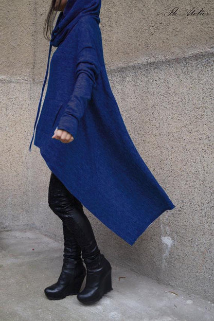 Solid Color Pile Neck Pocket Irregular Long Hoodie