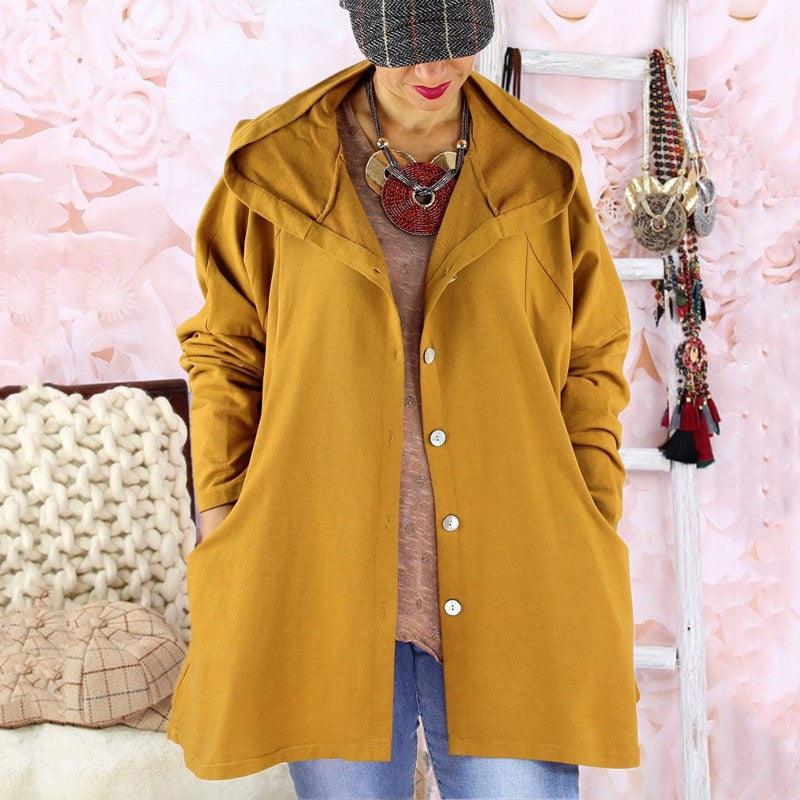 Solid color breasted hooded women's trench coat - Trendha