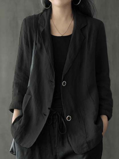 Women 100% Cotton Solid Color Button Front Business Thin All-Match Blazer with Pocket - MRSLM