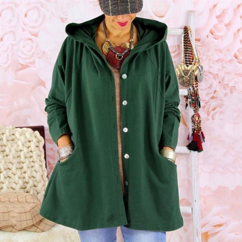 Solid color breasted hooded women's trench coat - Trendha