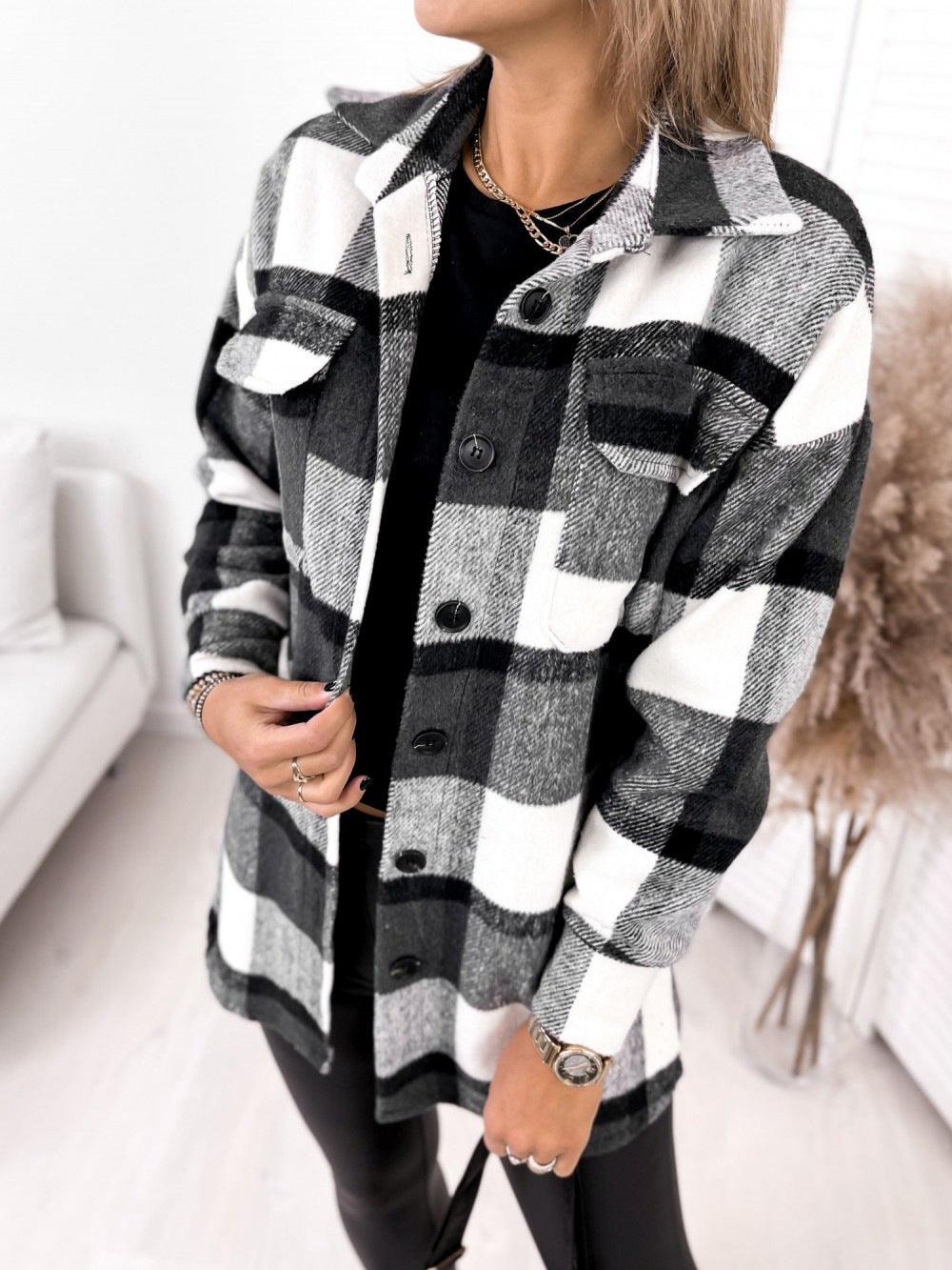 Long-sleeved Single-breasted Plaid Print Shirt Collar Woolen Jacket - Trendha