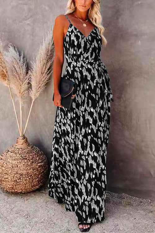 Margovil Wrap V Neck Tie Waist Printed Flowy Maxi Cami Dress