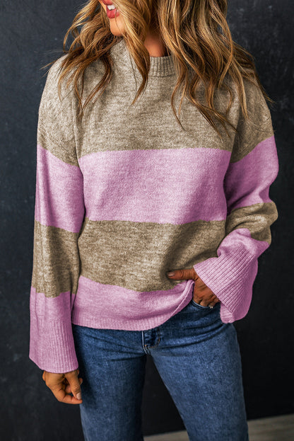 Color Block Round Neck Long Sleeve Sweater - Sydney So Sweet