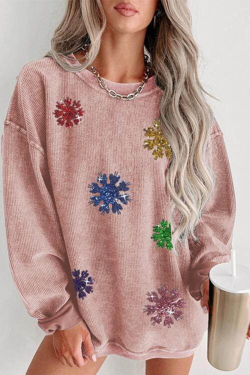 Christmas Sequin Snowflake Round Neck Sweatshirt