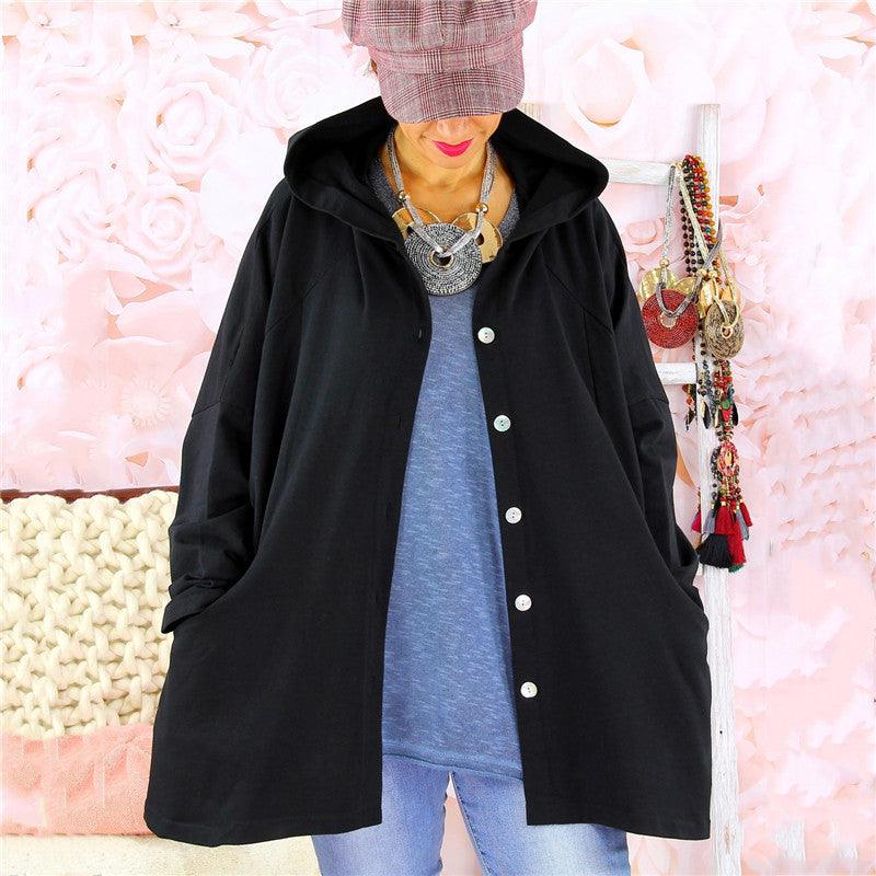 Solid color breasted hooded women's trench coat - Trendha