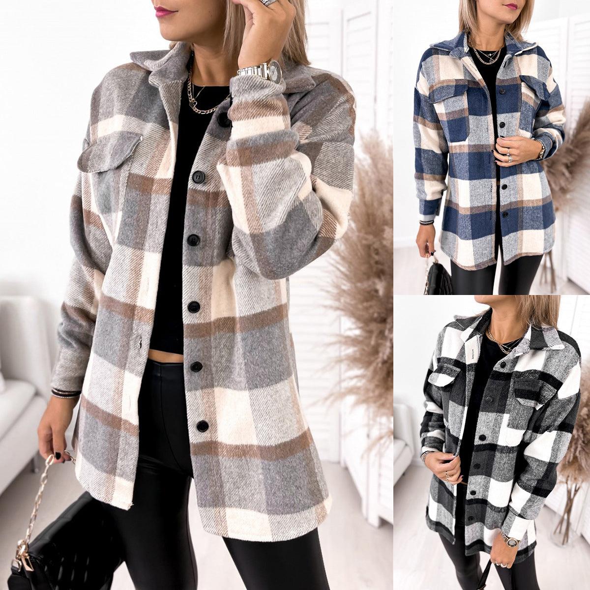 Long-sleeved Single-breasted Plaid Print Shirt Collar Woolen Jacket - Trendha