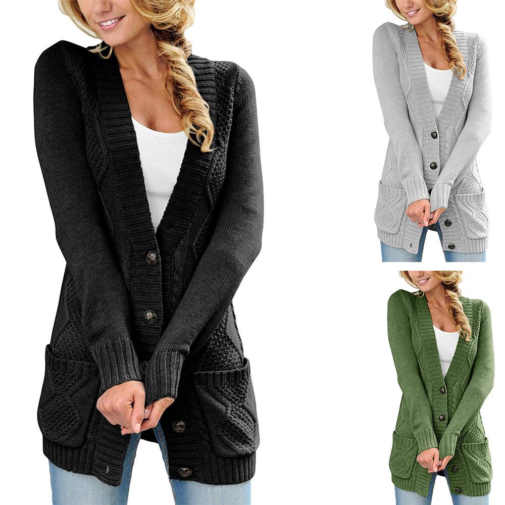 2018 Autumn Style Deep V-neck Buttons Pockets Long Women Cardigan