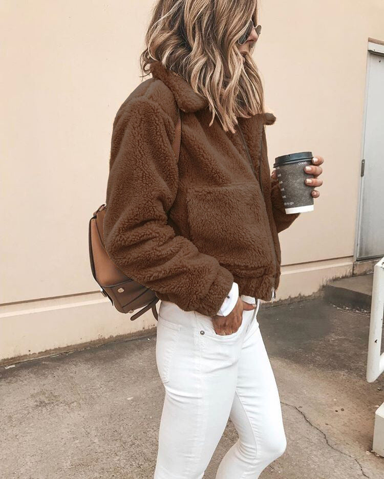 Solid Color Lapel Zipper Big Pockets Women Short Teddy Coat