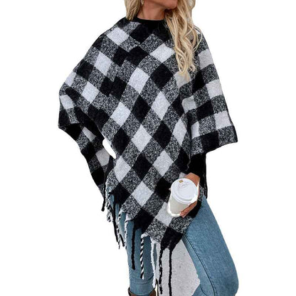 Black-Womens-Boho-Open-Front-Poncho-Cape-Oversize-Knitted-Plaid-Shawl-Wrap-Cardigan-Sweater-K323