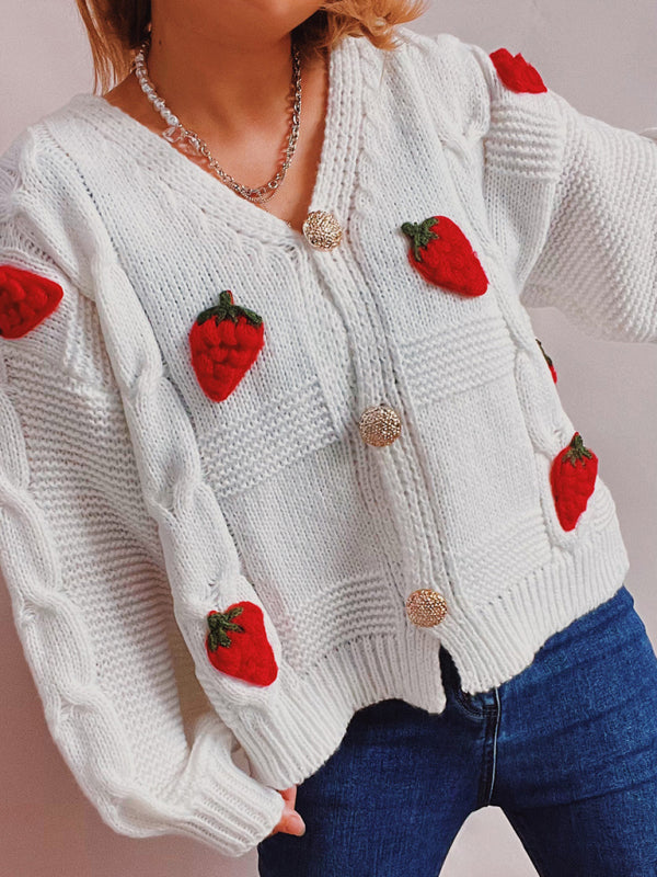 Cardigans- Strawberry Embroidered Cable Knit Button-Up Sweater Cardigan- - IndioGear Clothing and Gear