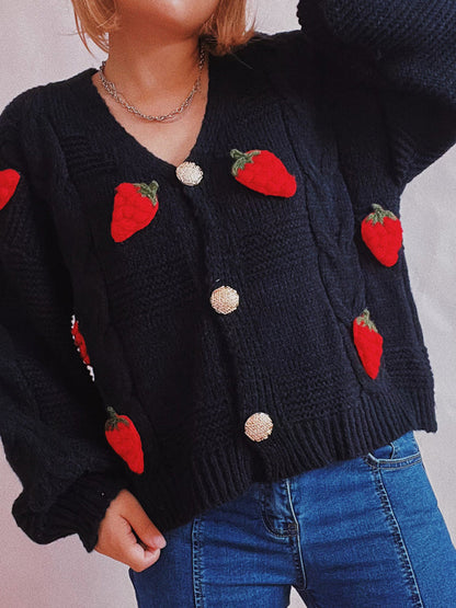 Cardigans- Strawberry Embroidered Cable Knit Button-Up Sweater Cardigan- - IndioGear Clothing and Gear