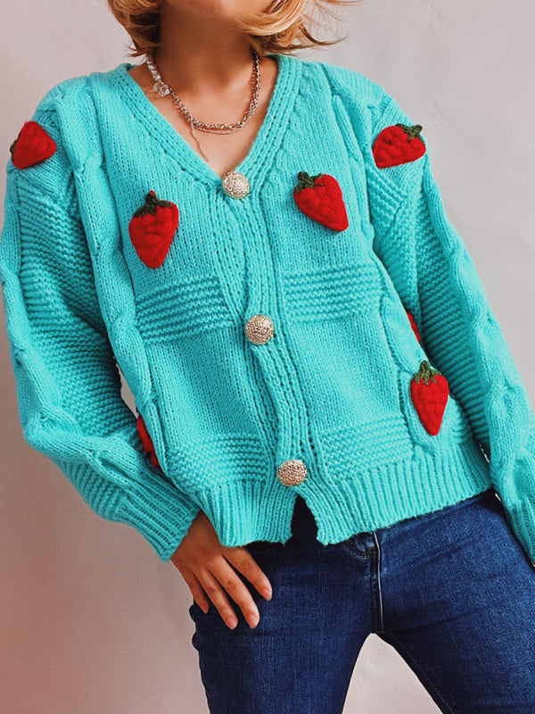 Cardigans- Strawberry Embroidered Cable Knit Button-Up Sweater Cardigan- - IndioGear Clothing and Gear