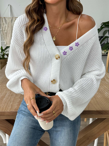 Cardigans- Women’s Button-Up Crop Cardigan | Purple Flower Embroidery Sweater- - IndioGear.com