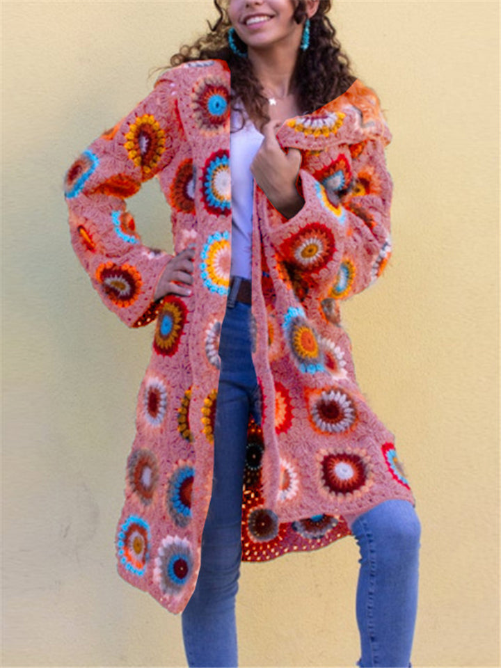 Casual Knitting Hollowed-Out Flower Cardigan With Hood Shopvhs.com