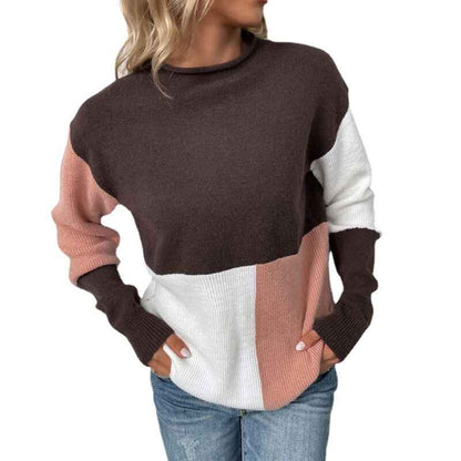 Coffee-Women-Sweater-Long-Sleeve-Color-Block-Knit-Pullover-Sweaters-Crew-Neck-Patchwork-Casual-Loose-Jumper-Tops-K431-Back