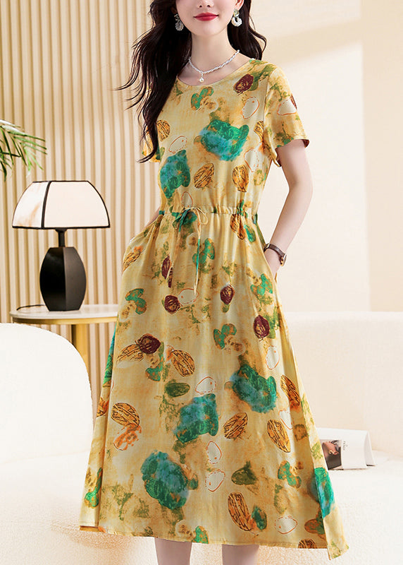 Cute Yellow Print Tie Waist Maxi Dresses Short Sleeve VB1019 Ada Fashion