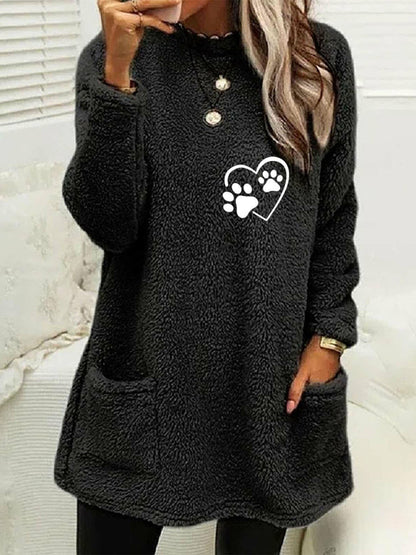 Fleece Sweaters- Plush Mid-Length Sweater Featuring Dog Paw Print & Handy Pockets- Black- IndioGear Clothing and Gear