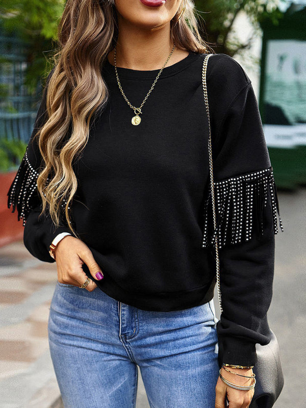 Fringe Sweatshirt- Solid Fringe Long Sleeve Sweatshirt- - IndioGear Fashion and Gear