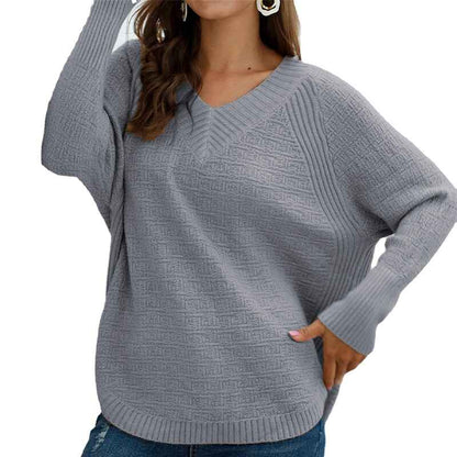 Gray-Womens-Long-Sleeve-Knit-Sweater-Side-Button-Pullover-V-Neck-Mid-Length-Tunic-Jumper-Sweater-K364