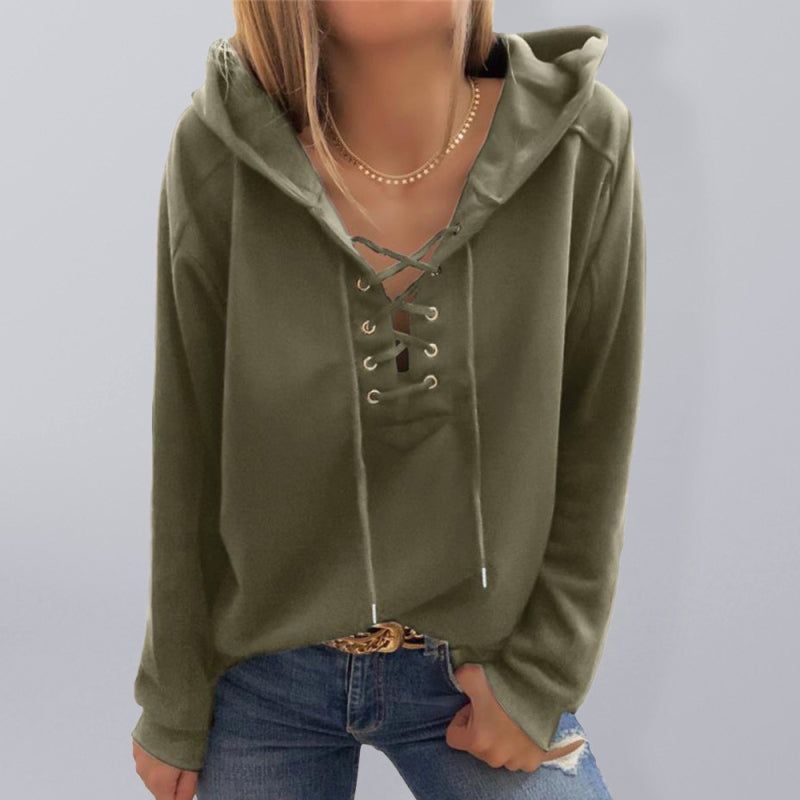 Hoodies- Women Sporty Hooded Pullover - Lace-Up Sweatshirt in Solid Hues- - IndioGear Fashion and Gear