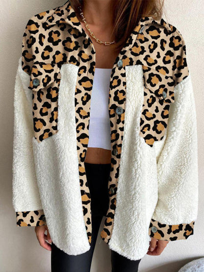 Jackets- Winter Plush Collared Shacket | Cozy Animal Print Patched Shirt Jacket- - IndioGear Fashion and Gear