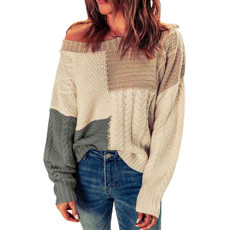     Multicolor-Women-Sweater-Long-Sleeve-Color-Block-Knit-Pullover-Sweaters-Crew-Neck-Patchwork-Casual-Loose-Jumper-Tops-K144-Front