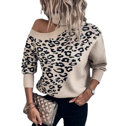 Khaki-Womens-Turtleneck-Sweaters-Leopard-Print-Stitching-Knit-Pullover-Off-Shoulder-Comfy-Sweater-Tops-K417-Back