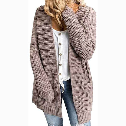     Gray-Womens-Long-Sleeve-Open-Front-Waffle-Chunky-Knit-Cardigan-Sweater-Outwear-with-Pockets-K408-Back