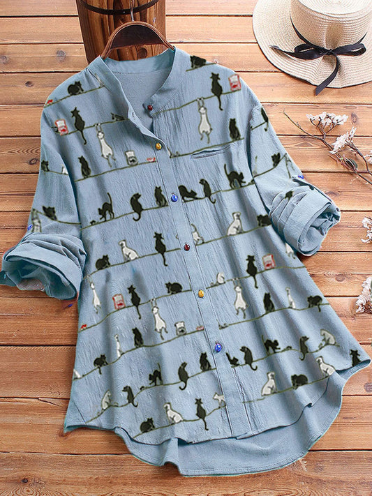 Hailey® | Elegante camicia button-down con stampa di gatti
