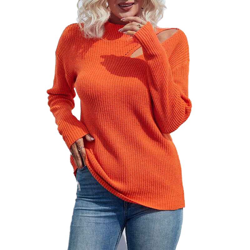 Orange-Red-Womens-Long-Sleeve-Halter-Neck-Cutout-Off-Shoulder-Ribbed-Knit-Loose-Casual-Pullover-Sweater-Top-K227-Back