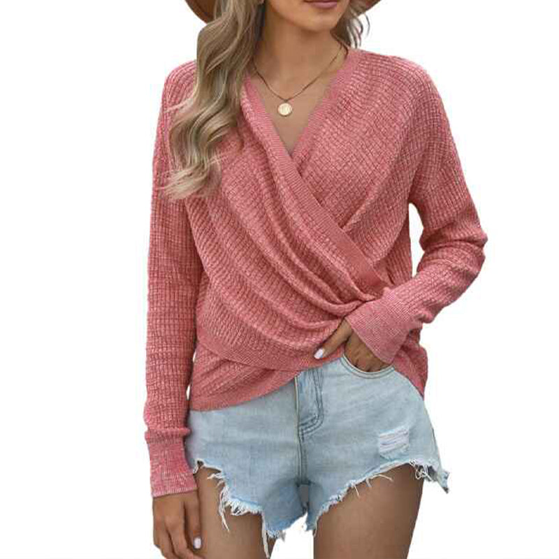    Pink-Womens-Deep-V-Neck-Wrap-Sweaters-Long-Sleeve-Crochet-Knit-Pullover-Tops-K196-tops-Back