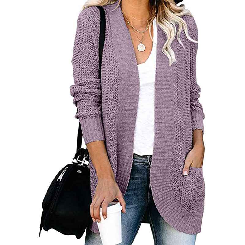    Black-FallWinterWomens-Open-Front-Long-Sleeve-Loose-Slouchy-Waffle-Chunky-Knit-Cardigan-Sweater-with-Pockets-K026