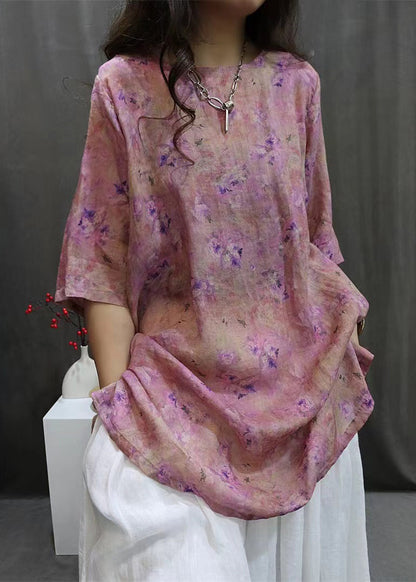 Purple Side Open Linen Blouse O-Neck Summer VV094 HS-HTP240627