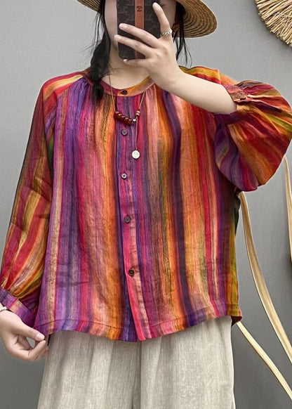 Rainbow Button Patchwork Linen Blouses O Neck Spring VV056 HS-LTP240627