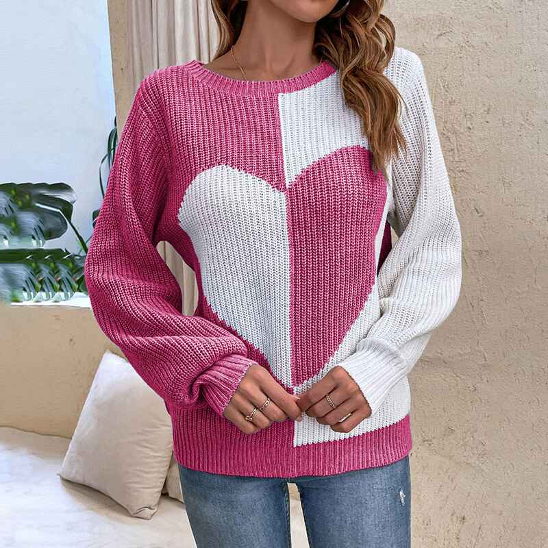 Blue-Womens-Pullover-Sweaters-Long-Sleeve-Crewneck-Cute-Heart-Knitted-Sweater-K489-Front-Side