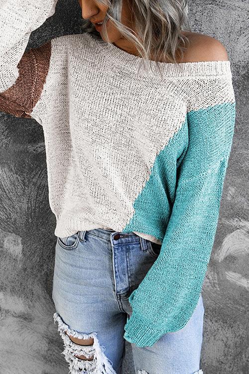 One Shoulder Knitted Round Neck Sweater - girlyrose.com