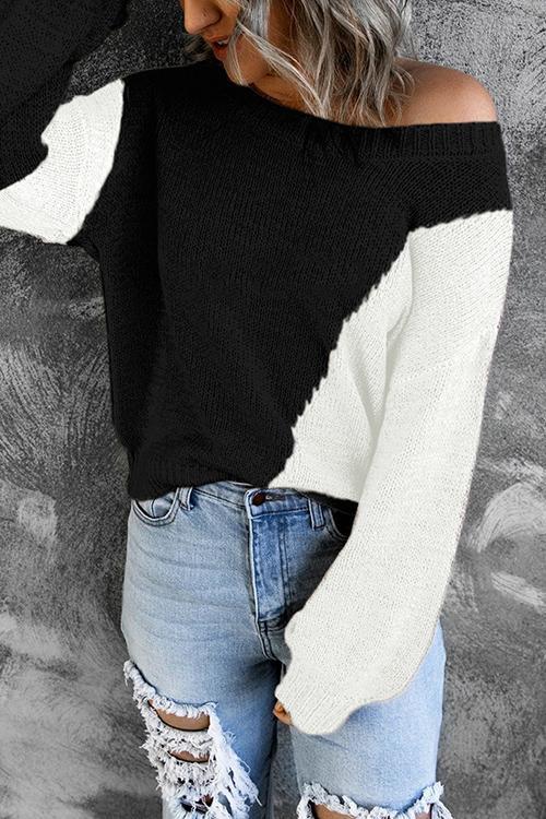 One Shoulder Knitted Round Neck Sweater - girlyrose.com