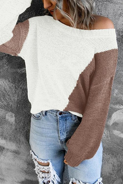 One Shoulder Knitted Round Neck Sweater - girlyrose.com