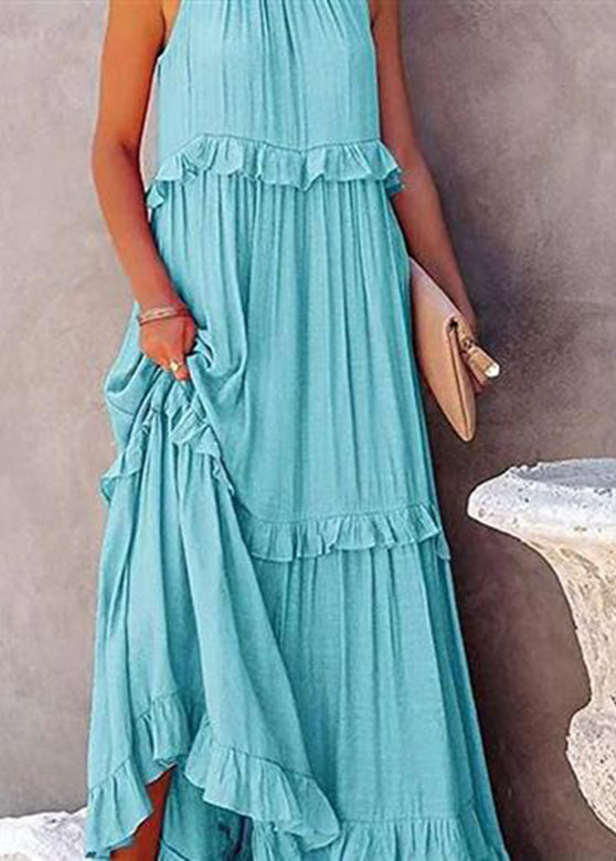 Simple Light Blue Ruffled Patchwork Wrinkled Long Dresses Summer GH1005 Ada Fashion