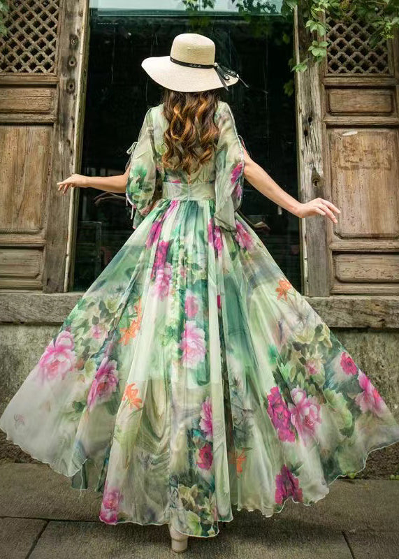 Stylish Green Floral V Neck Chiffon Beach Long Dresses Flared Sleeve WW1009 Ada Fashion