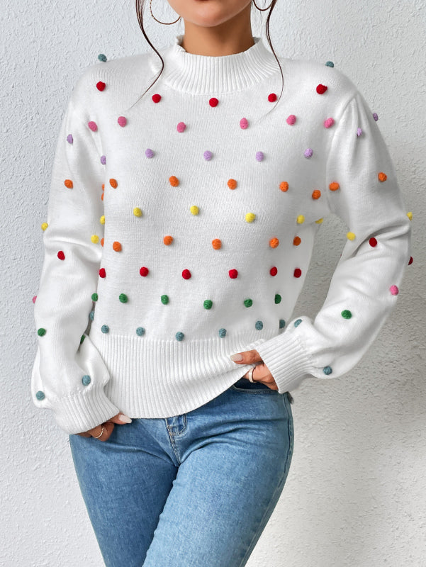 Sweater- Women's Rainbow Pom Pom Sweater - Fashionable Knitwear Pullover- - IndioGear Fashion and Gear