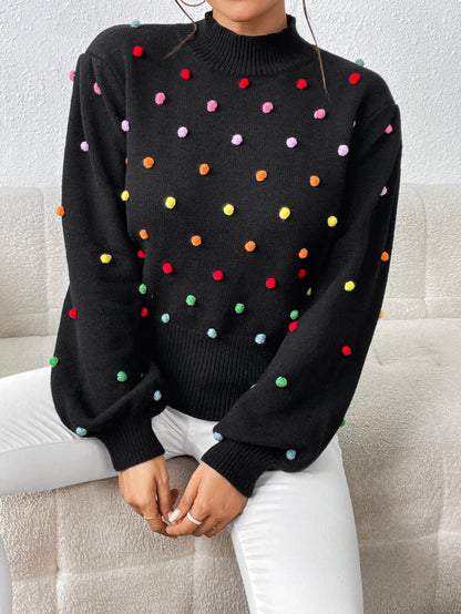 Sweater- Women's Rainbow Pom Pom Sweater - Fashionable Knitwear Pullover- - IndioGear Fashion and Gear