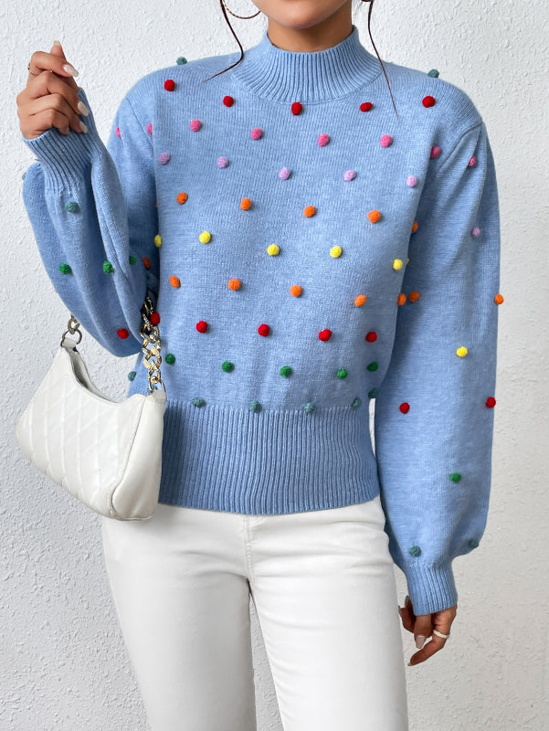 Sweater- Women's Rainbow Pom Pom Sweater - Fashionable Knitwear Pullover- - IndioGear Fashion and Gear