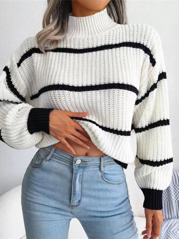 Sweaters- Cozy Chic: Winter's High Neck Stripe Sweater Jumper- White- IndioGear Clothing and Gear