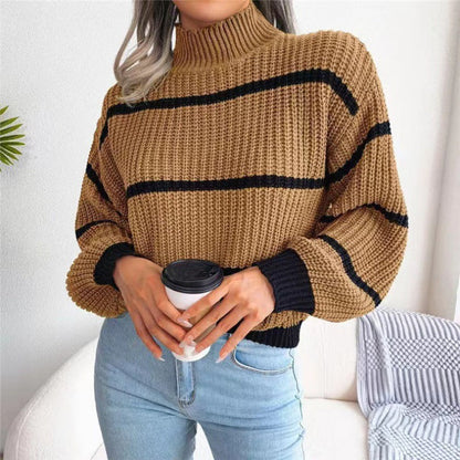 Sweaters- Cozy Chic: Winter's High Neck Stripe Sweater Jumper- Khaki- IndioGear Clothing and Gear