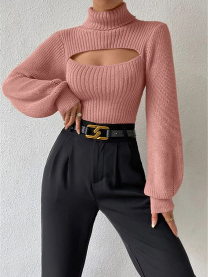 Sweaters- Elegant Rib-Knit Turtleneck Sweater with Cutout Front- - IndioGear Clothing and Gear