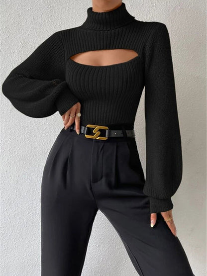 Sweaters- Elegant Rib-Knit Turtleneck Sweater with Cutout Front- - IndioGear Clothing and Gear