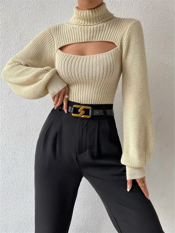 Sweaters- Elegant Rib-Knit Turtleneck Sweater with Cutout Front- - IndioGear Clothing and Gear