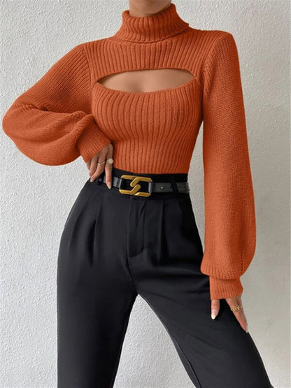 Sweaters- Elegant Rib-Knit Turtleneck Sweater with Cutout Front- - IndioGear Clothing and Gear