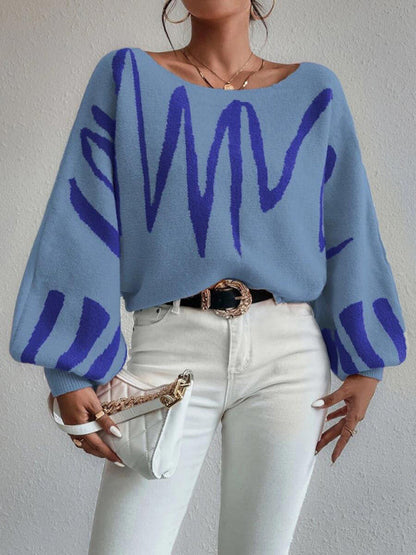 Slouchy Boatneck Balloon Sleeve Abstract Knit Sweater Jumper | Sweaters | Pekosa Women Clothing